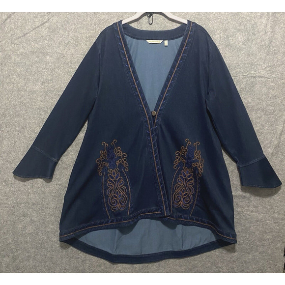 Soft‎ Surroundings Denim Jacket Womens Sz L Blue Embroidered Boho Classic - Picture 1 of 9